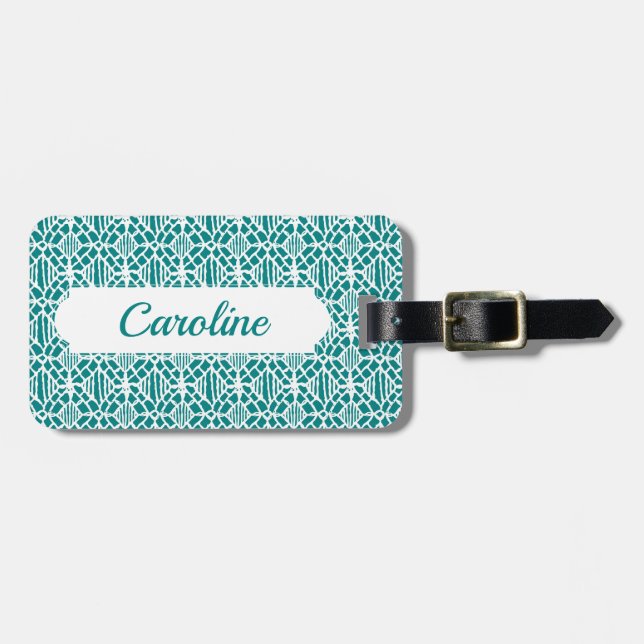 Teal With White Crochet Lace Pattern Luggage Tag (Front Horizontal)