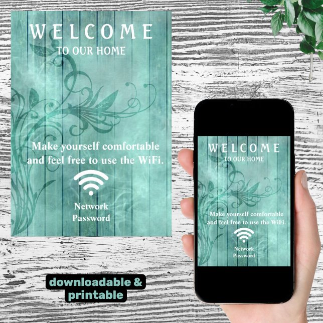 Teal Wood Flourish Shadows Guest Wifi Password Poster (downloadable and printable wifi informational template)