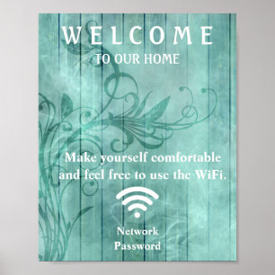 Teal Wood Flourish Shadows Guest Wifi Password Poster