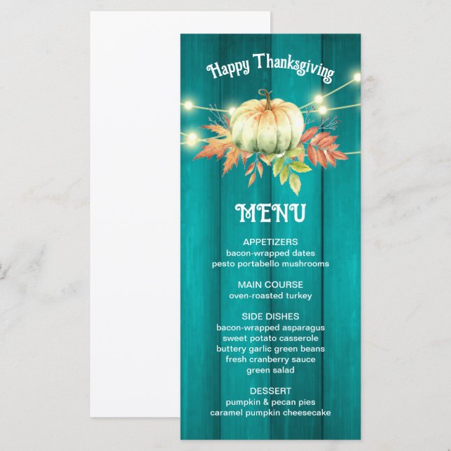 Teal Wood Grain Pumpkin Autumn Thanksgiving Menu (Front/Back)