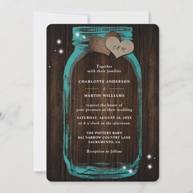 Teal Wood Mason Jar Rustic Fall Wedding Invitation (Front)