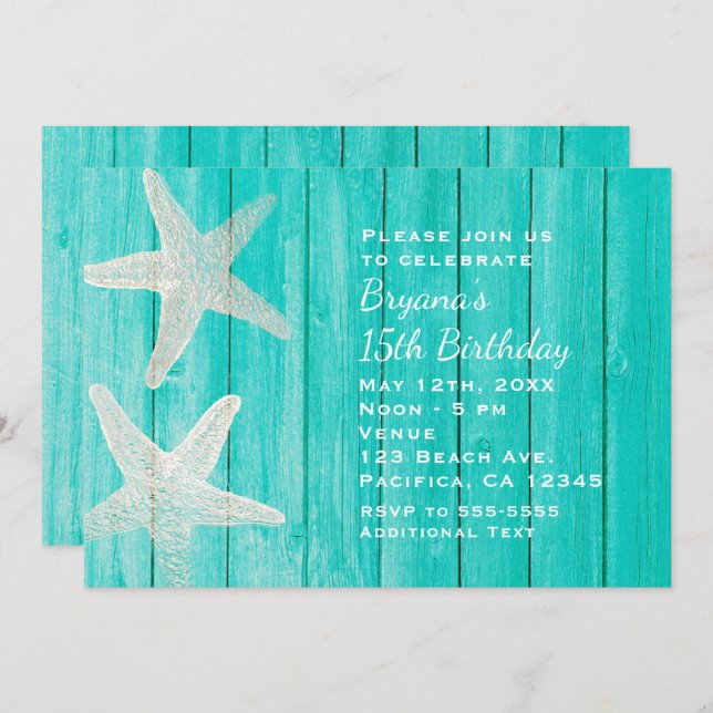 Teal Wood & Starfish Beach Elegant Invitation (Front/Back)
