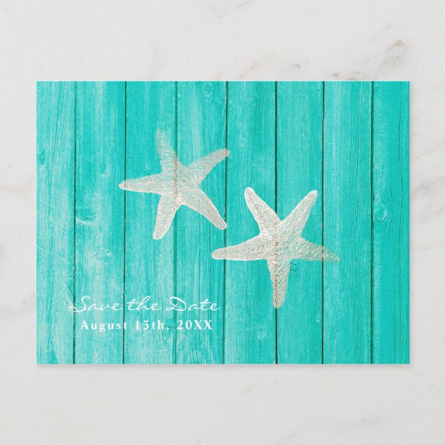 Teal Wood & Starfish Beach Elegant Save the Date Announcement Postcard (Front)