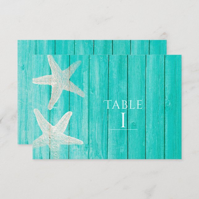 Teal Wood & Starfish Beach Elegant Table Number (Front/Back)