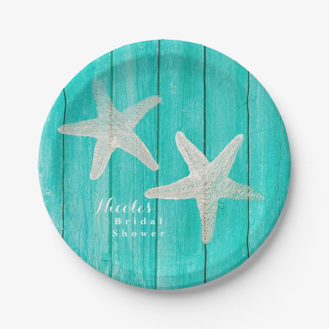 Teal Wood & Starfish Beach Elegant Tropical Chic Paper Plate (Front)