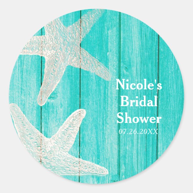 Teal Wood & Starfish Beach Elegant Tropical Favour Classic Round Sticker (Front)