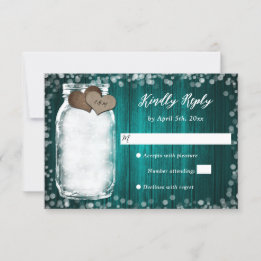 Teal Wood Two Hearts Mason Jar Wedding RSVP Card
