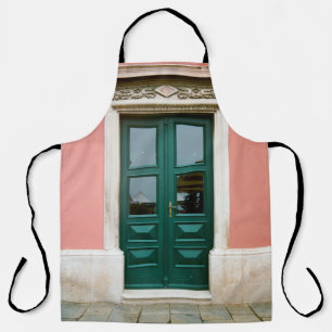 TEAL WOODEN DOOR WITH WHITE STEEL WINDOW FRAME APRON