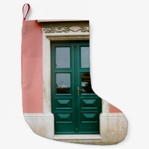 TEAL WOODEN DOOR WITH WHITE STEEL WINDOW FRAME SMALL CHRISTMAS STOCKING