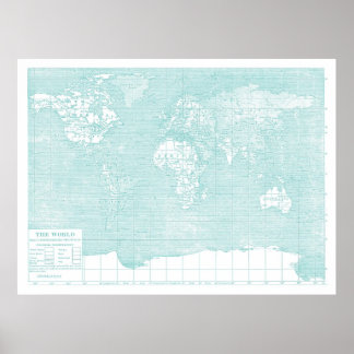Teal World Vintage Map Poster