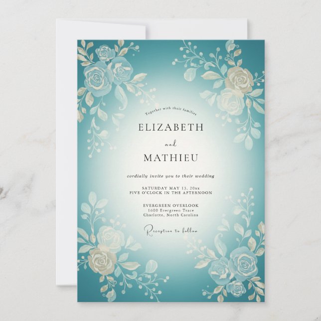 Teal Woven Bloom Flourish Wedding Invitation (Front)