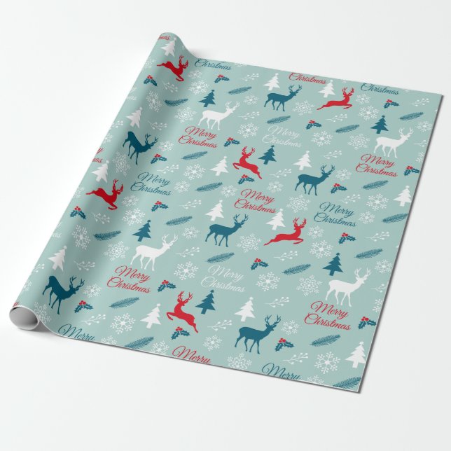 Teal wrapping paper with Christmas deer (Unrolled)