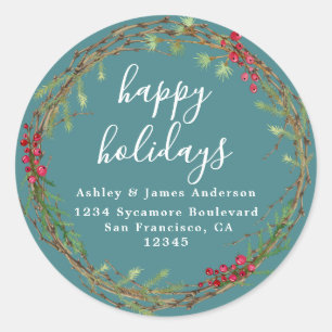 Teal Wreath Holiday Return Address Classic Round Sticker