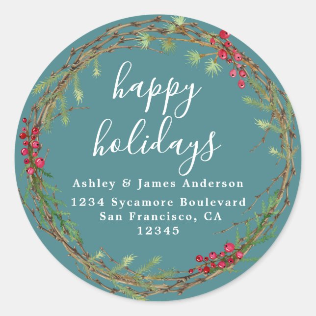 Teal Wreath Holiday Return Address Classic Round Sticker (Front)