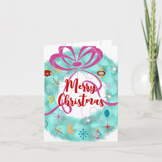 Teal Wreath Retro Christmas Card (Front)