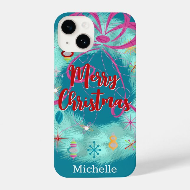 Teal Wreath Retro Christmas iPhone Case (Back)