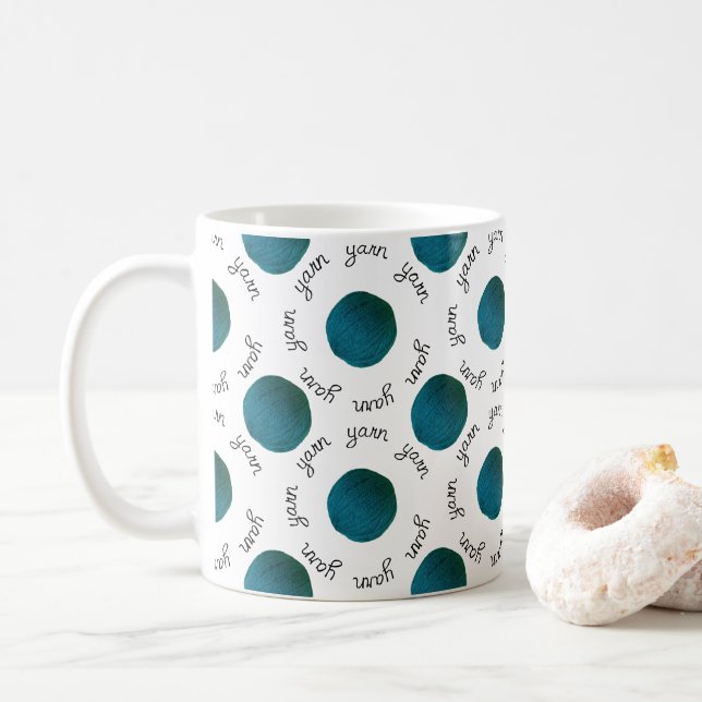 Teal Yarn Ball Typography Handmade Crafts Coffee Mug (With Donut)