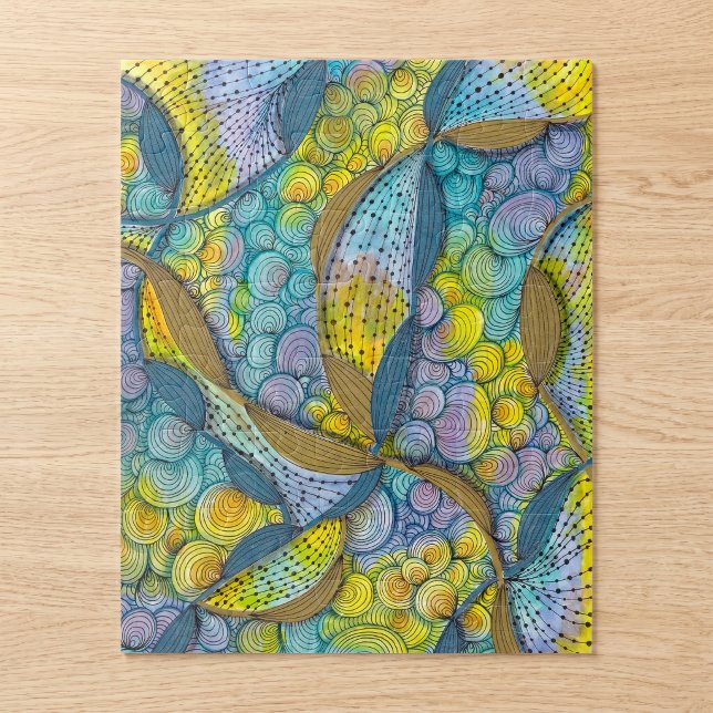 Teal Yellow Abstract Swirls Doodle Pattern Jigsaw Puzzle (Creator Uploaded)