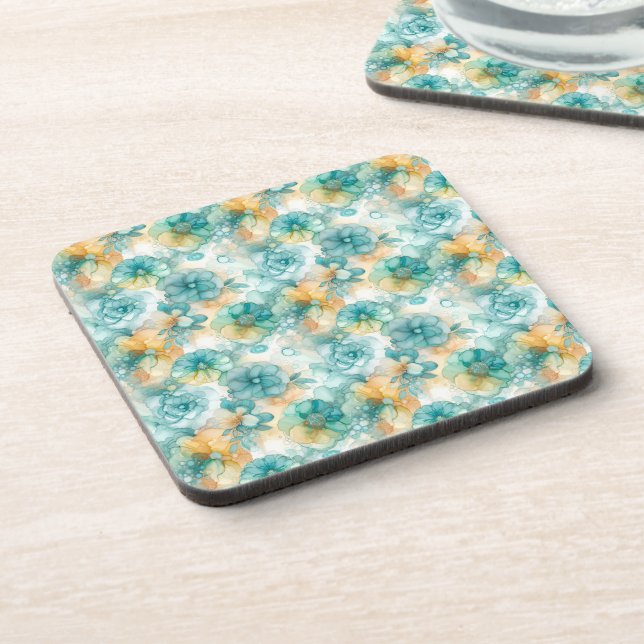 Teal Yellow Alcohol Ink Illustration  Coaster (Left Side)
