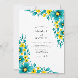 Teal Yellow Bloom Romance Wedding Invitation