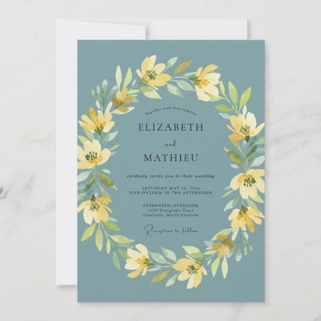 Teal Yellow Blossom Whimsical Wedding Invitation (Front)
