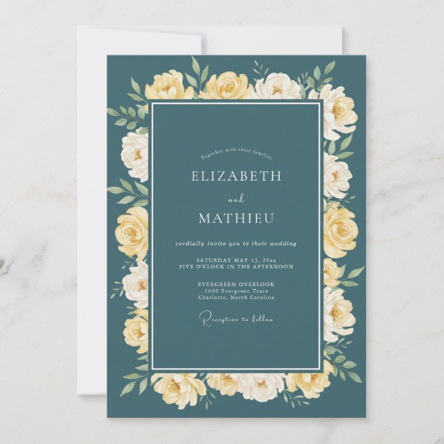 Teal Yellow Botanical Arch Wedding Invitation (Front)