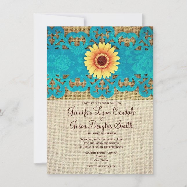 Teal Yellow Daisy Rustic Wedding Invitations (Front)