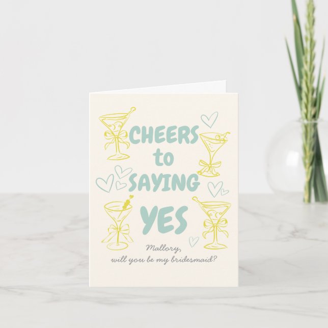 Teal + Yellow Doodle Martini Bridesmaid Proposal Card (Front)