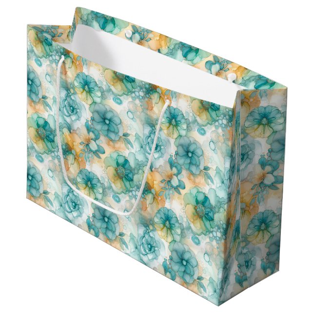 Teal Yellow Floral Alcohol Ink Style Pattern Large Gift Bag (Front Angled)