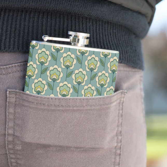 Teal & Yellow Floral Pattern Hip Flask (In Situ)