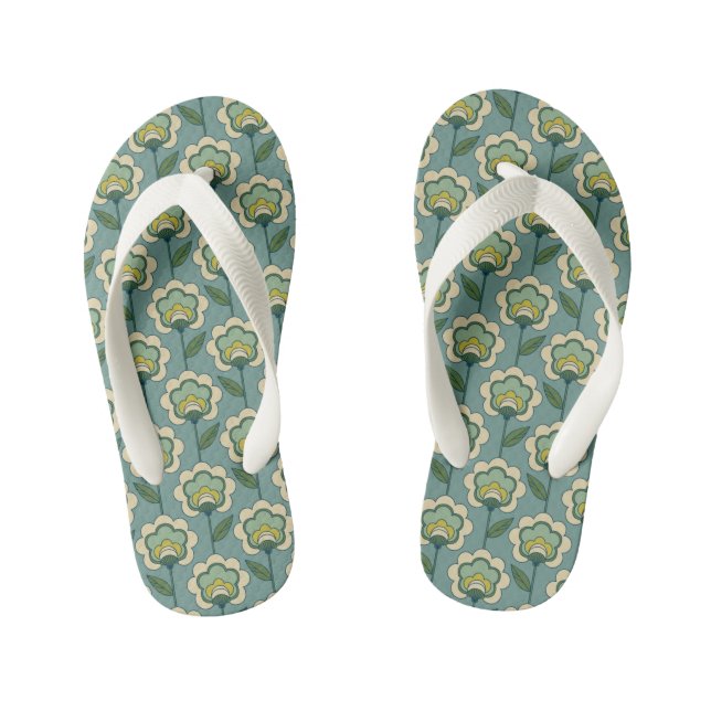 Teal & Yellow Floral Pattern Kid's Jandals (Footbed)