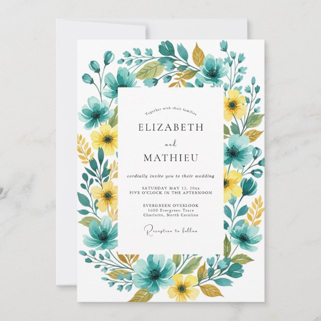 Teal Yellow Floral Romance Wedding Invitation (Front)