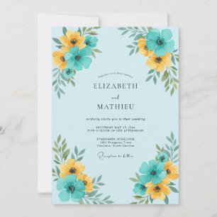 Teal Yellow Floral Wedding Invitation