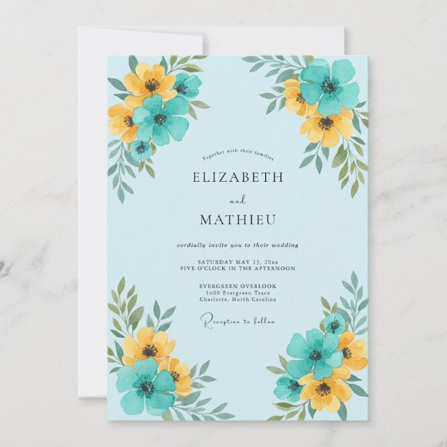 Teal Yellow Floral Wedding Invitation (Front)