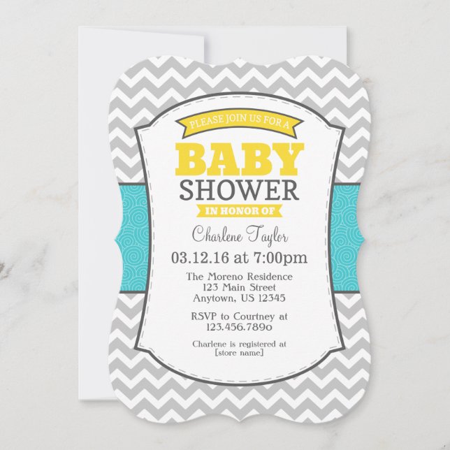 Teal Yellow Grey Chevron Baby Shower Invitation (Front)