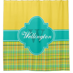 Teal Yellow Madras Plaid 1ICB Ribbon Name Shower Curtain