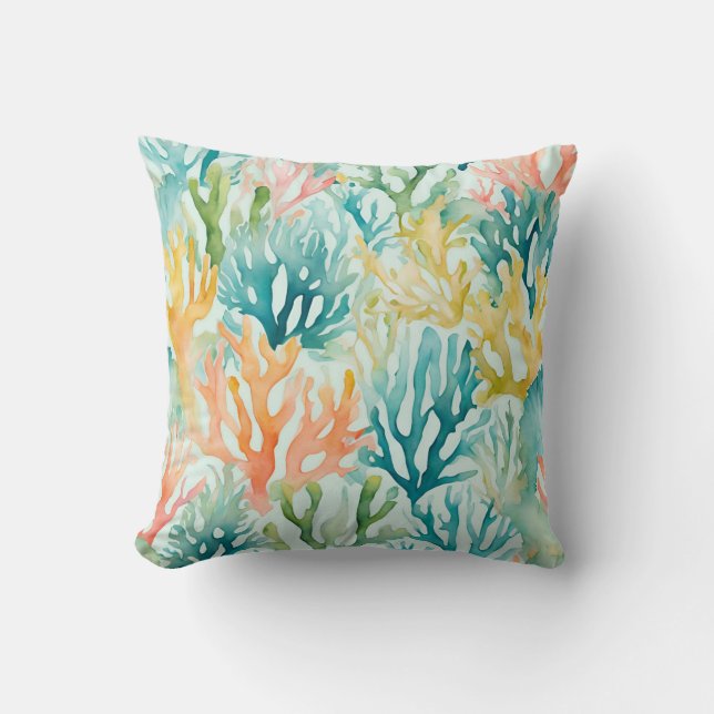 Teal Yellow Orange Coral Reef Coastal Ocean Cushion (Front)