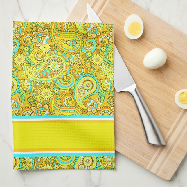 Teal yellow paisley tea towel (Quarter Fold)
