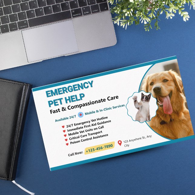 Teal & Yellow Pet Emergency Veterinary - Emergency Business Card (Modern Veterinary Business Cards for Pet & Animal Care)