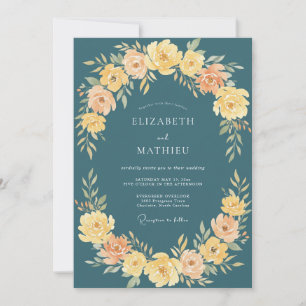 Teal Yellow Ranunculus Eucalyptus Wedding Invitation