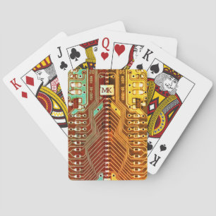  Teal & Yellow Retro Geek Electronics Add Monogram Playing Cards