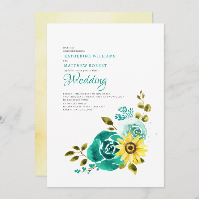 Teal Yellow Sunflower Floral Wedding  Invitation (Front/Back)