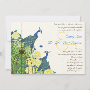 Teal & Yellow Vintage Peacock Bird Cage Wedding Invitation