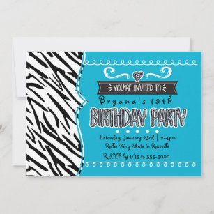 Teal & Zebra Girls Birthday Party Invitations