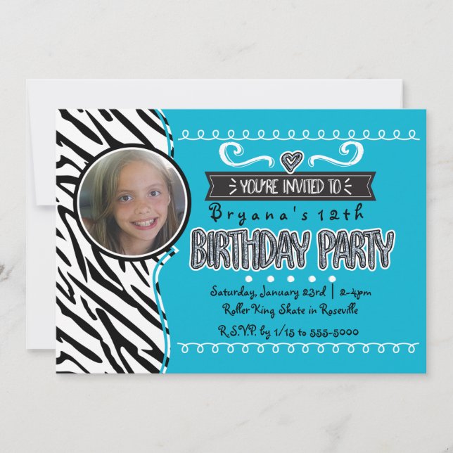 Teal & Zebra Girls Birthday Photo Invitations (Front)
