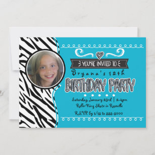 Teal & Zebra Girls Birthday Photo Invitations