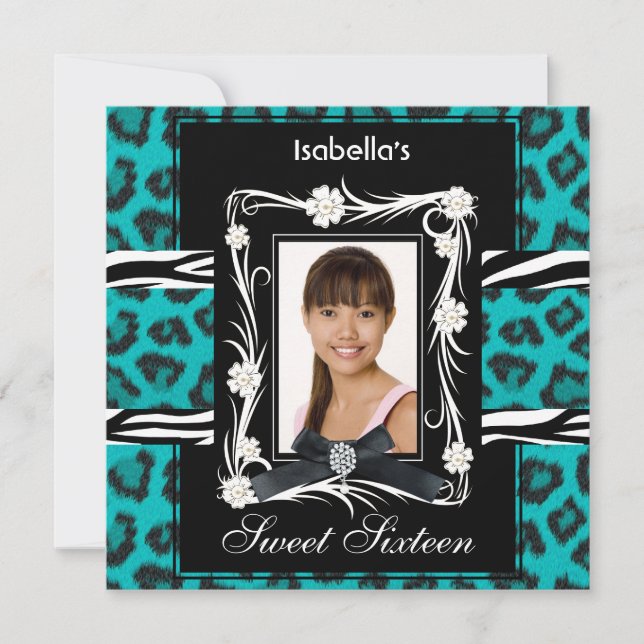 Teal Zebra Leopard Sweet Sixteen 16 Black White Invitation (Front)