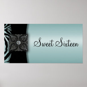 Teal Zebra Sweet Sixteen Party Banner Poster
