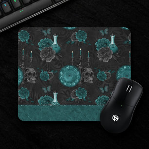 Teal Zodiac Magic Green Gothic Skull Roses Mouse Pad