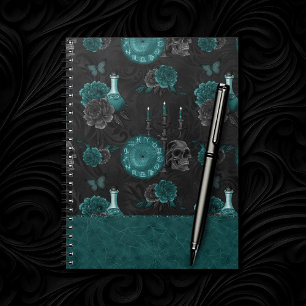 Teal Zodiac Magic   Green Gothic Skull Roses Notebook